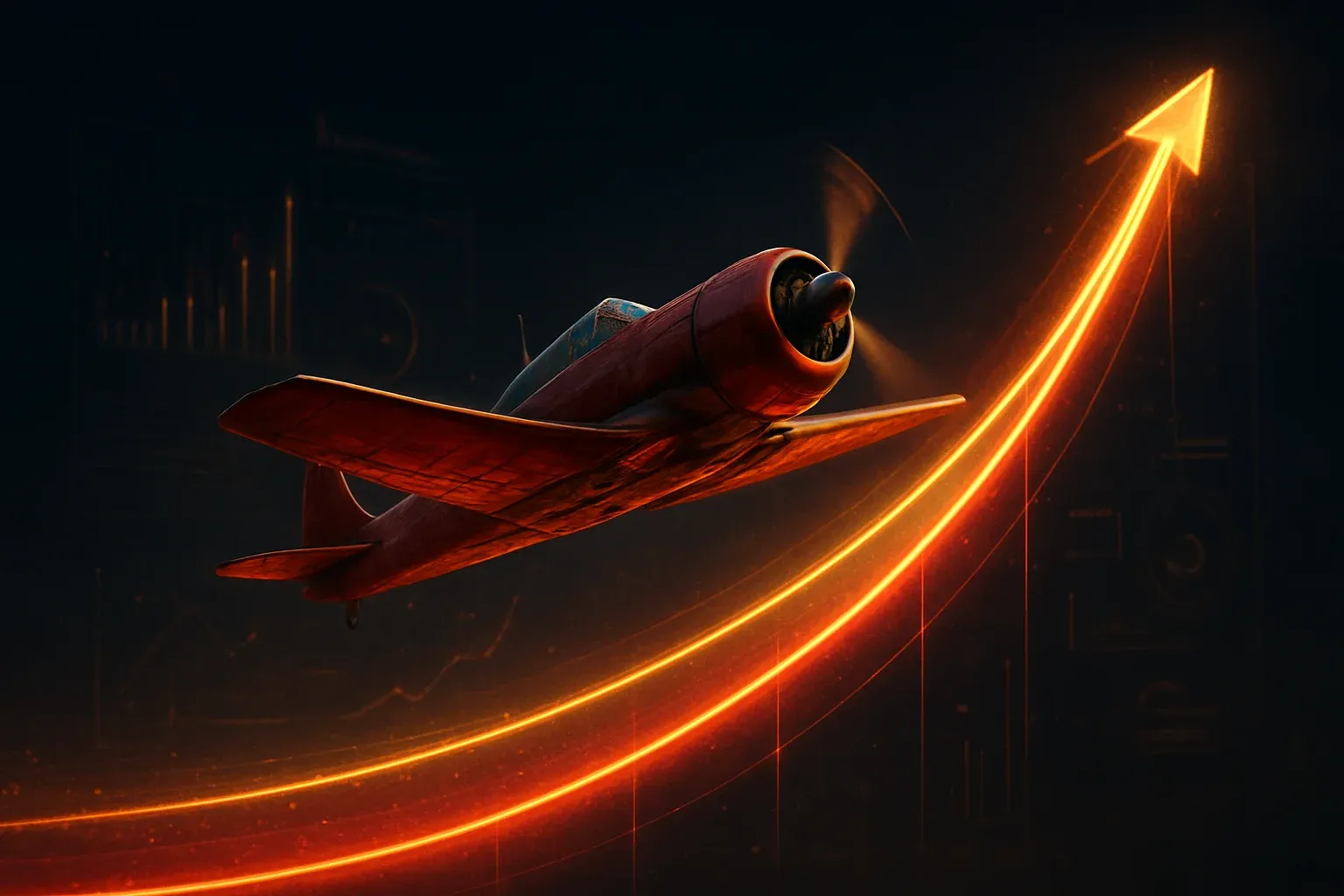 Red aviator plane soaring upward with neon multiplier trail at night