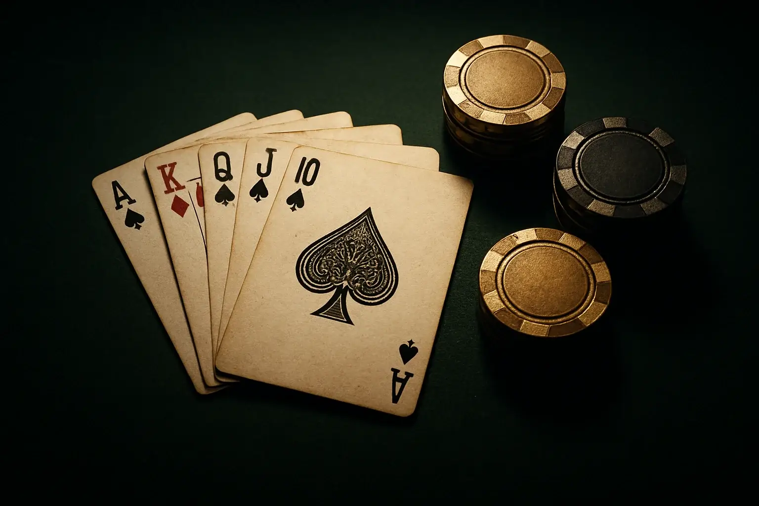 Fanned premium playing cards beside stacked casino chips on velvet table