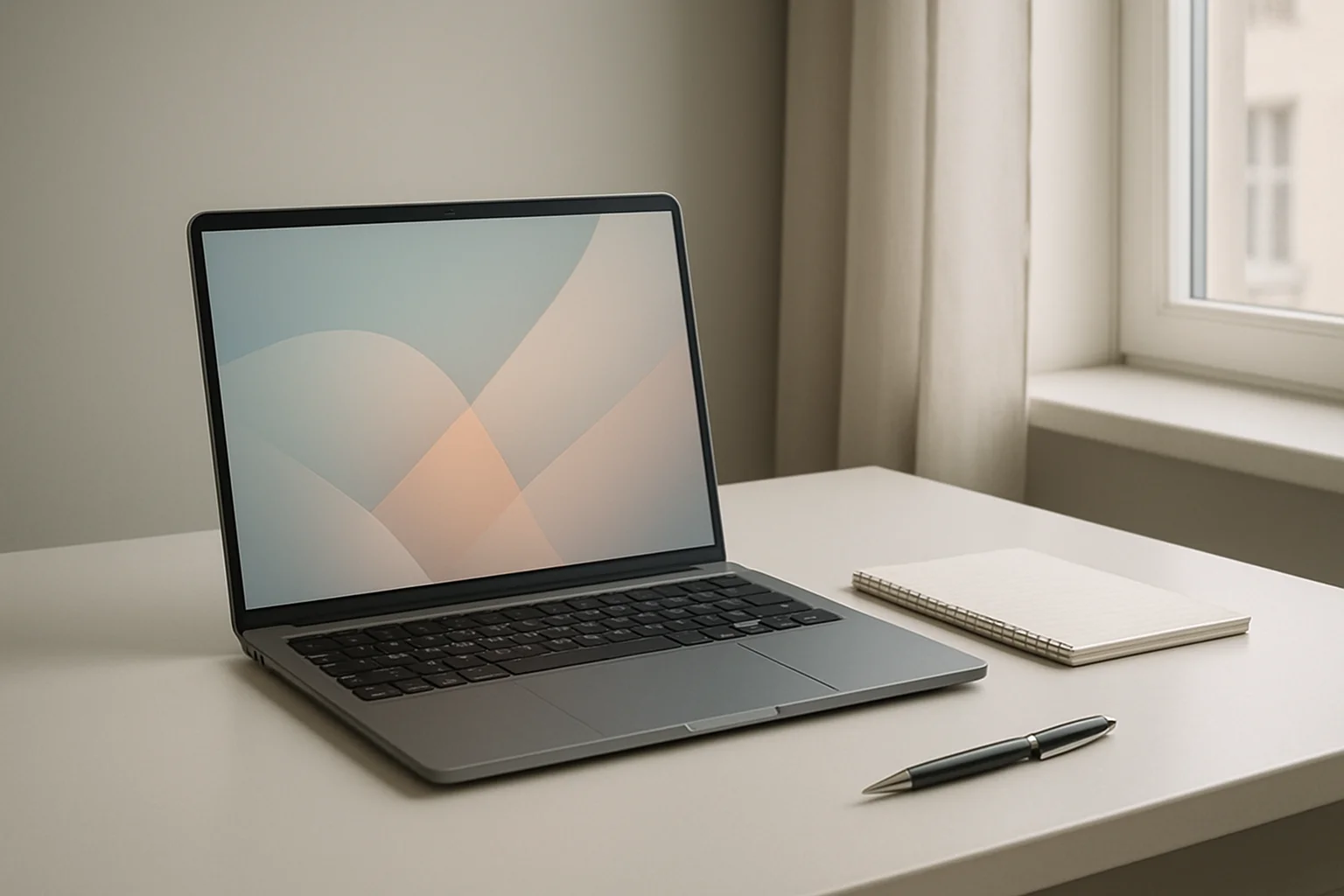 Modern laptop on white desk with abstract glowing screen