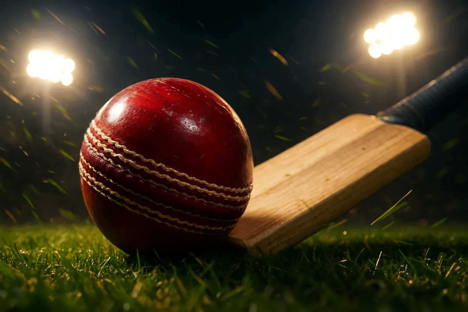 Cricket ball and bat on green turf under stadium floodlights