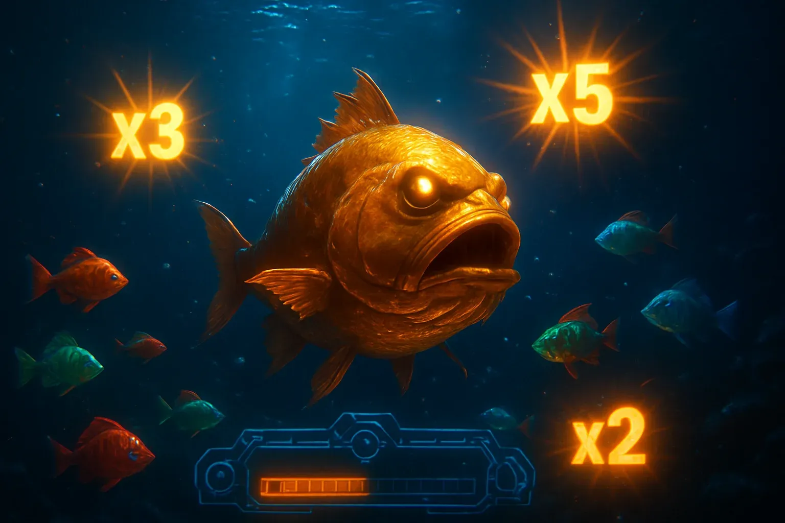 Glowing tropical fish and golden boss fish with multiplier light bursts