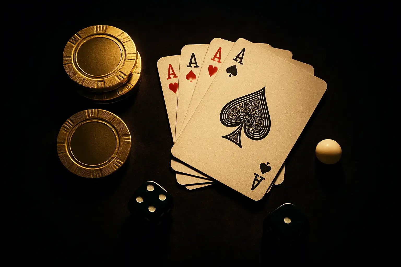 Golden casino chips, cards, dice, and roulette ball on velvet