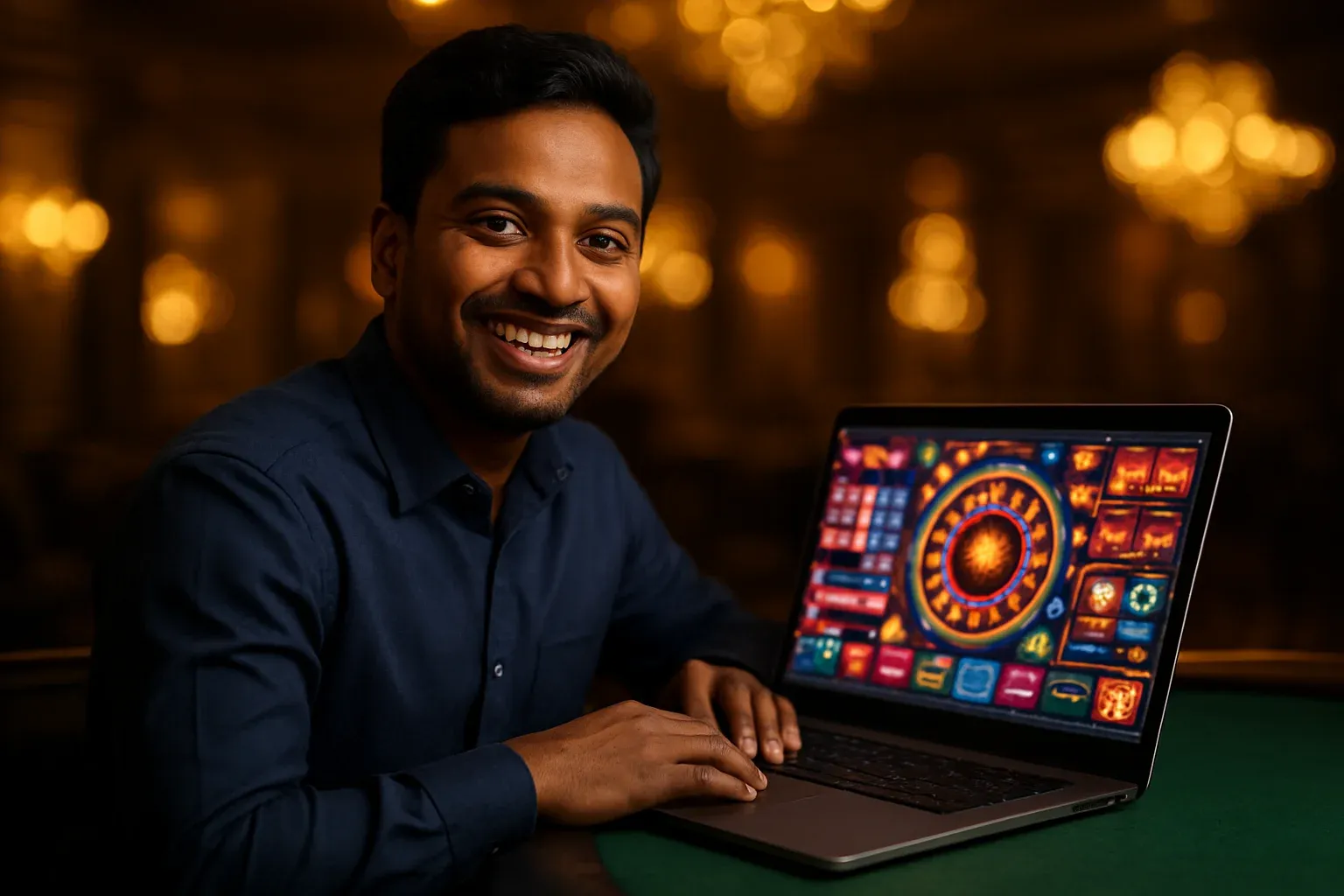 Cheerful Bangladeshi man with open laptop at premium casino lounge