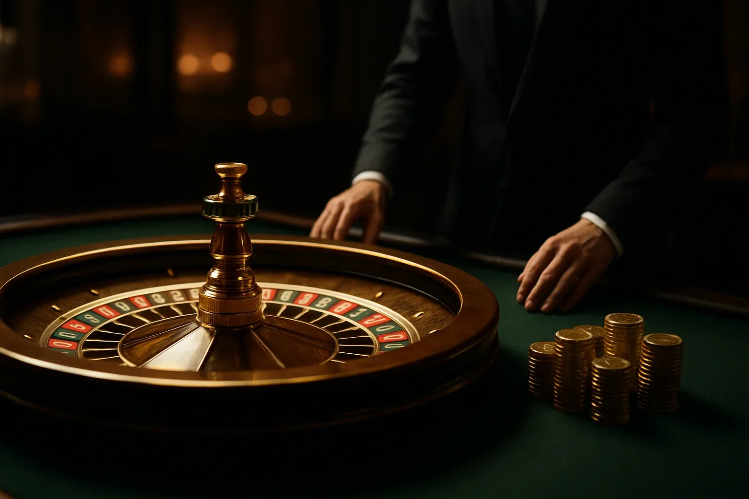 Elegant live casino roulette table with dealer hands and golden chips