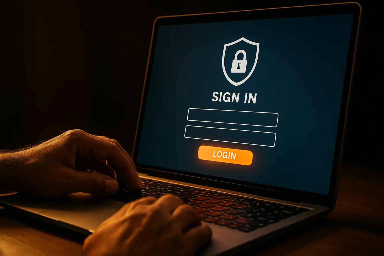 Bangladeshi man's hands on laptop showing stylized login form