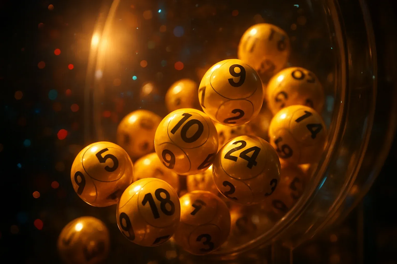 Glowing golden lottery balls tumbling inside a transparent draw machine