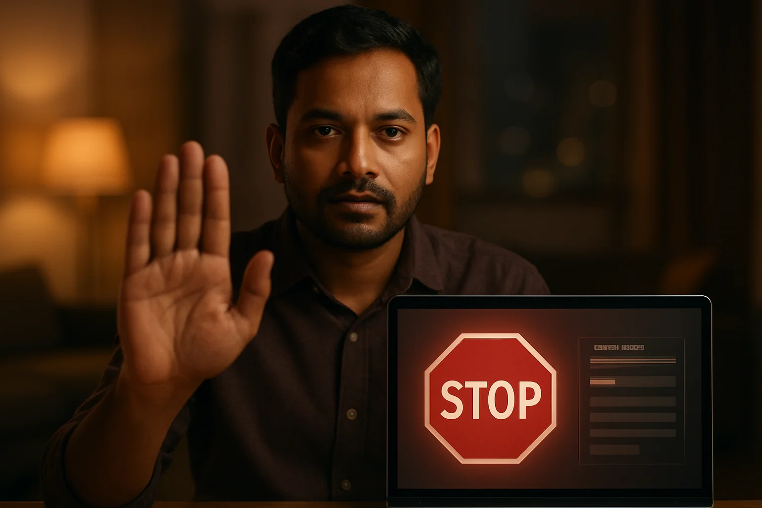 Bangladeshi man shows stop gesture beside laptop with responsible gambling screen