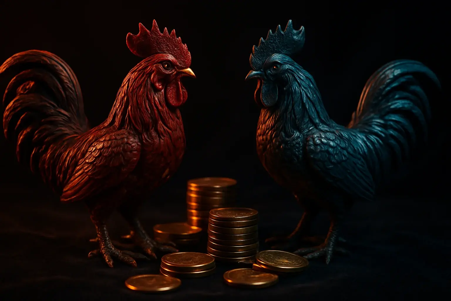 Decorative rooster statuettes with casino chips on dark velvet surface