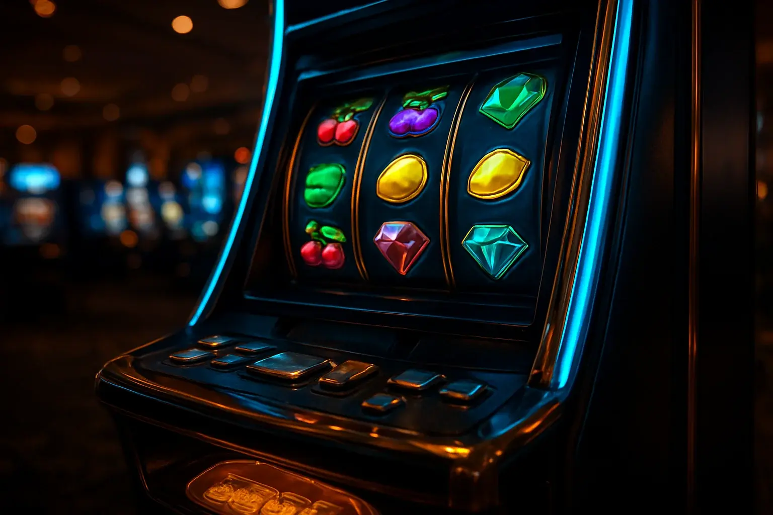 Hyperrealistic premium slot machine with glowing reels in dark luxury casino